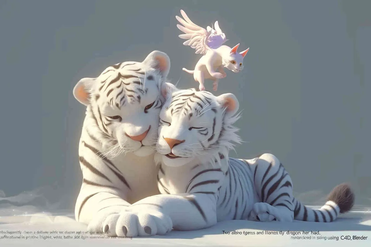 Two white tigers, the female tiger stands up and leans against the male tiger, with a white little dragon on her head，white background, natural light, 3D, C4D, Blender, OC renderer - style4部分