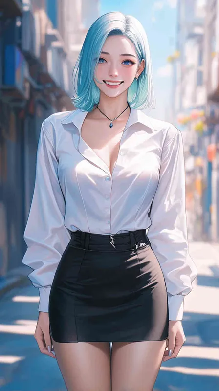 一位微笑的美丽中国女孩，留着浅蓝色的长发，穿着白色的扣紧衣领的衬衫，穿着黑色短裙，站在街道，大长腿有动漫的风格。这是一部真人照片杰作。8k,高清。 - style2部分