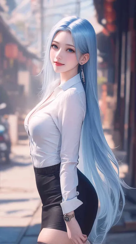 一位微笑的美丽中国女孩，留着浅蓝色的长发，穿着白色的扣紧衣领的衬衫，穿着黑色短裙，站在街道，大长腿有动漫的风格。这是一部真人照片杰作。8k,高清。 - style3部分