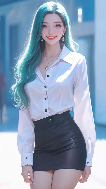 一位微笑的美丽中国女孩，留着浅蓝色的长发，穿着白色的扣紧衣领的衬衫，穿着黑色短裙，站在街道，大长腿有动漫的风格。这是一部真人照片杰作。8k,高清。 - style4部分