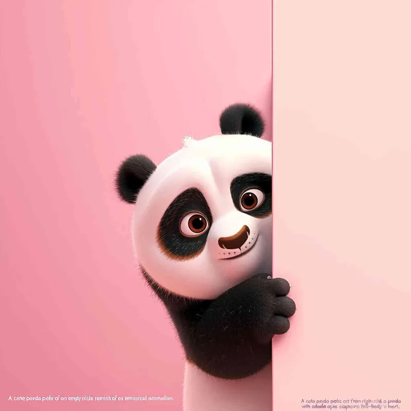 Cute panda peeking out from the right side of an empty pink wall, in a cartoon style, in the style of Disney Pixar animation, with a cute and happy expression, cute eyes, as a full body shot, with a pink background, as a high definition wallpaper, as a 3D rendering, of high resolution, with high detail, of high quality, of high resolution, with high details, of high sharpness, as a super detailed, best quality image.  - style2部分