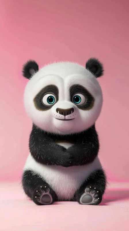 A cute panda baby, this is a whimsical cartoon style that reminds people of Disney Pixar animations. The expression of pandas is pleasant, and their bright and lovely eyes attract the attention of the audience. Full body shooting with a soft pink background, creating a charming high-definition wallpaper suitable for any screen. This 3D rendering has excellent quality, showcasing complex details and clarity, making it a first-class image. - style1部分