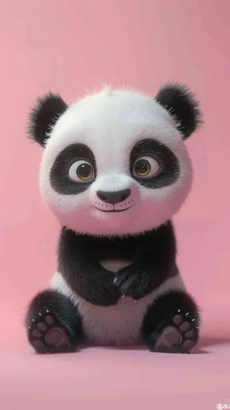 A cute panda baby, this is a whimsical cartoon style that reminds people of Disney Pixar animations. The expression of pandas is pleasant, and their bright and lovely eyes attract the attention of the audience. Full body shooting with a soft pink background, creating a charming high-definition wallpaper suitable for any screen. This 3D rendering has excellent quality, showcasing complex details and clarity, making it a first-class image. - style3部分