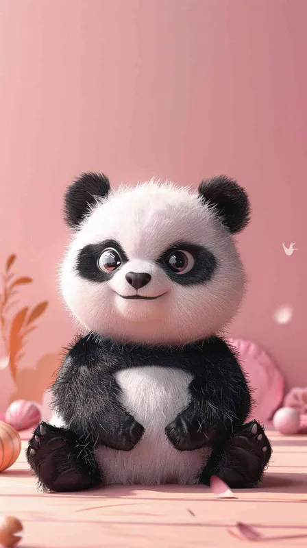 A cute panda baby, this is a whimsical cartoon style that reminds people of Disney Pixar animations. The expression of pandas is pleasant, and their bright and lovely eyes attract the attention of the audience. Full body shooting with a soft pink background, creating a charming high-definition wallpaper suitable for any screen. This 3D rendering has excellent quality, showcasing complex details and clarity, making it a first-class image. - style4部分