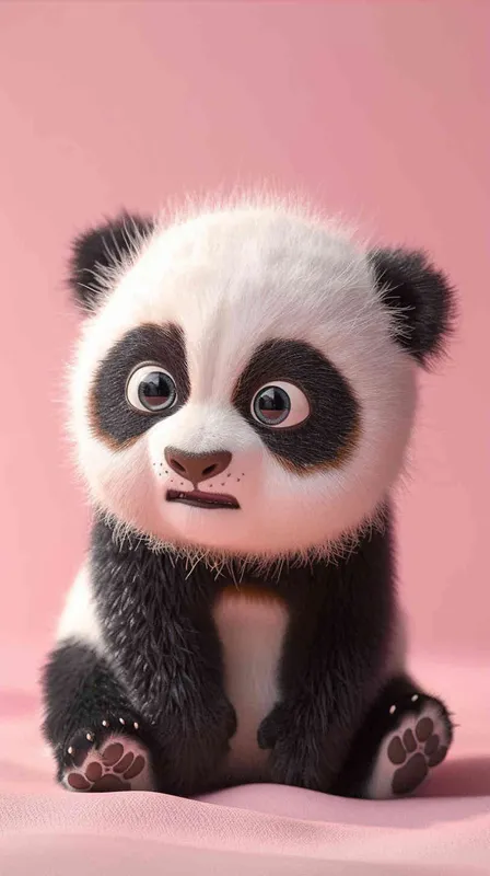 A cute panda baby, this is a whimsical cartoon style that reminds people of Disney Pixar animations. The expression of pandas is pleasant, and their bright and lovely eyes attract the attention of the audience. Full body shooting with a soft pink background, creating a charming high-definition wallpaper suitable for any screen. This 3D rendering has excellent quality, showcasing complex details and clarity, making it a first-class image. - style2部分