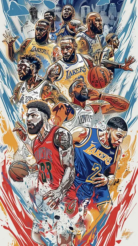 Make a poster in the form of an American line drawing, depicting the confrontation between new and old players. The new players are Andrew Wiggins, Anthony Edwards , Amen Thompson, Cam Whitmore, VictorWembanyama, and LukaDoncic. The old players are LeBron James, Stephen Curry, and Kevin Durant, who try to dribble or grab the ball all over their bodies, using a landscape composition. - AI绘画作品展示 | Midjourney中文版生成