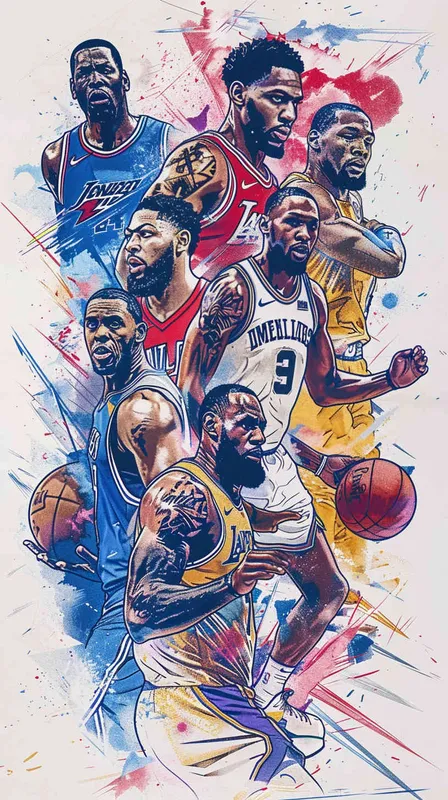 Make a poster in the form of an American line drawing, depicting the confrontation between new and old players. The new players are Andrew Wiggins, Anthony Edwards , Amen Thompson, Cam Whitmore, VictorWembanyama, and LukaDoncic. The old players are LeBron James, Stephen Curry, and Kevin Durant, who try to dribble or grab the ball all over their bodies, using a landscape composition. - AI绘画作品展示 | Midjourney中文版生成