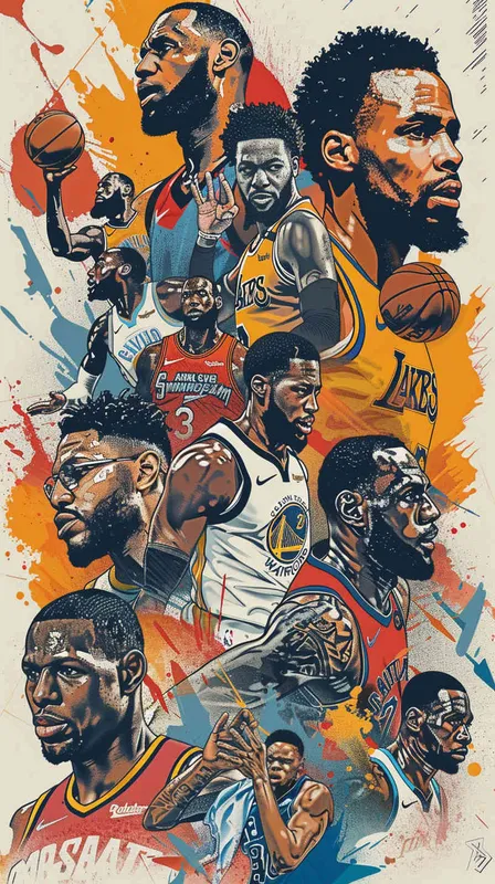 Make a poster in the form of an American line drawing, depicting the confrontation between new and old players. The new players are Andrew Wiggins, Anthony Edwards , Amen Thompson, Cam Whitmore, VictorWembanyama, and LukaDoncic. The old players are LeBron James, Stephen Curry, and Kevin Durant, who try to dribble or grab the ball all over their bodies, using a landscape composition. - AI绘画作品展示 | Midjourney中文版生成