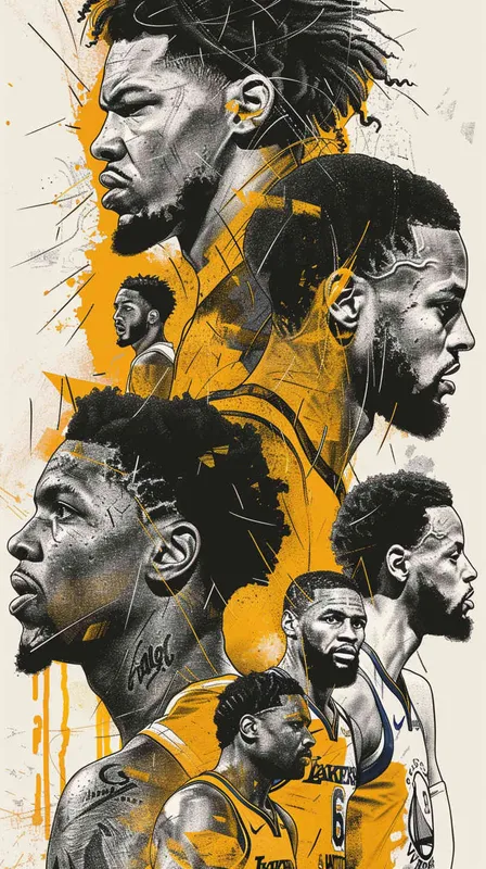 Make a poster in the form of an American line drawing, depicting the confrontation between new and old players. The new players are Andrew Wiggins, Anthony Edwards , Amen Thompson, Cam Whitmore, VictorWembanyama, and LukaDoncic. The old players are LeBron James, Stephen Curry, and Kevin Durant, who try to dribble or grab the ball all over their bodies, using a landscape composition. - AI绘画作品展示 | Midjourney中文版生成