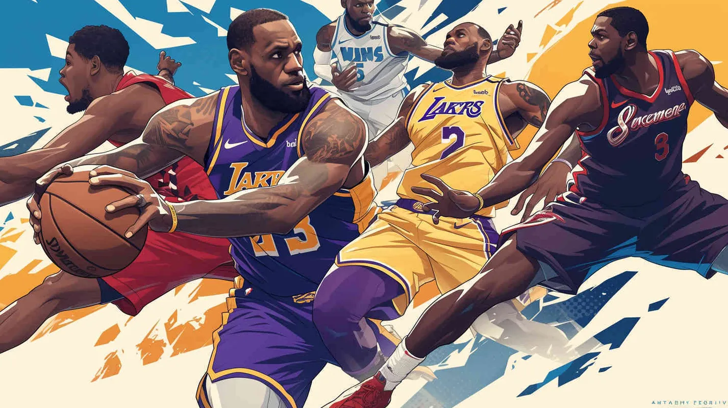 Make a poster in the style of American comic book contour drawing, depicting the confrontation between new and old players. The new players are Andrew Wiggins, Anthony Edwards , Amen Thompson,  and LukaDoncic. The old players are LeBron James, and Kevin Durant, who try to dribble or grab the ball all over their bodies, using a landscape composition. - style2部分