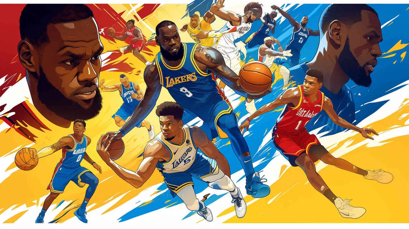 Make a poster in the style of American comic book contour drawing, depicting the confrontation between new and old players. The new players are Andrew Wiggins, Anthony Edwards , Amen Thompson,  and LukaDoncic. The old players are LeBron James, and Kevin Durant, who try to dribble or grab the ball all over their bodies, using a landscape composition. - style3部分