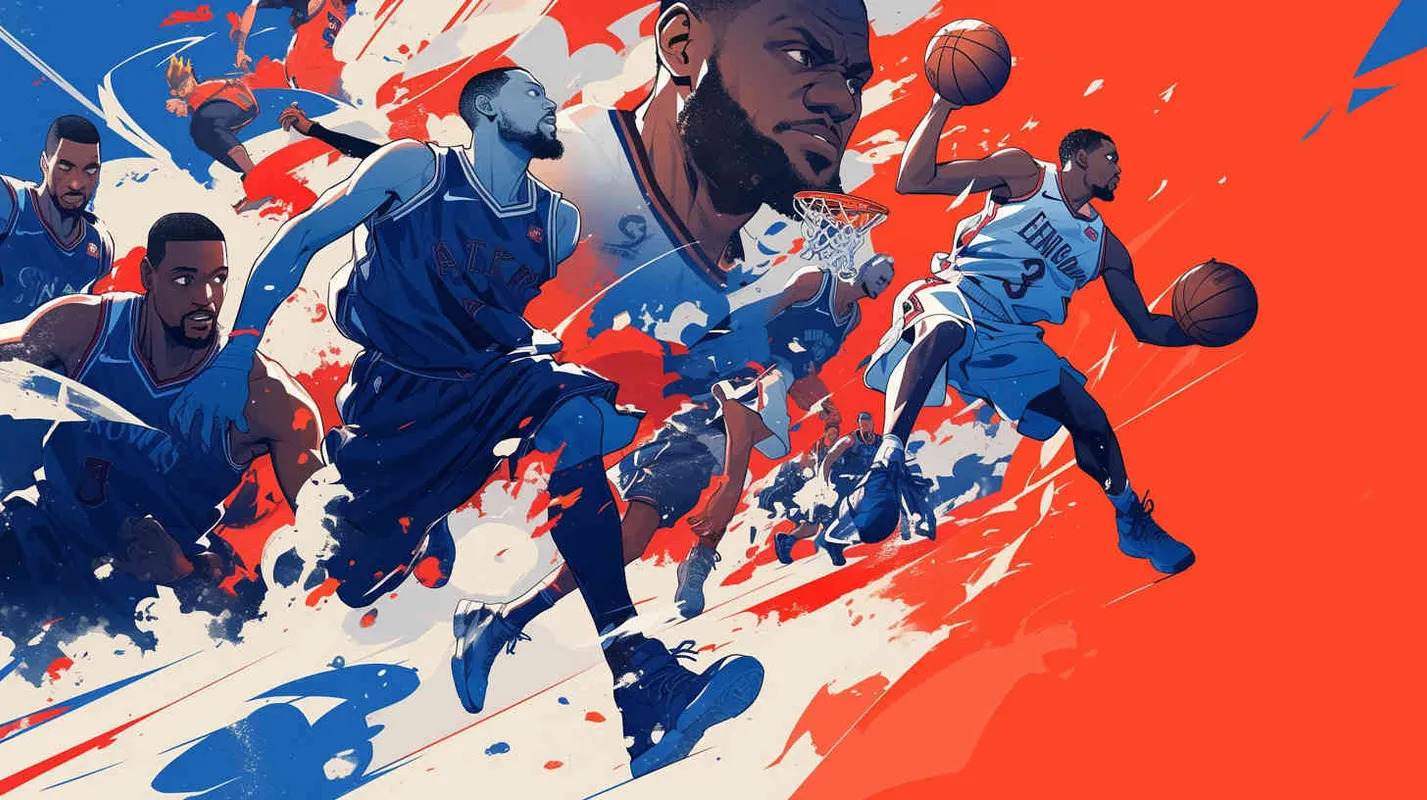 Make a poster in the style of American comic book contour drawing, depicting the confrontation between new and old players. The new players are Andrew Wiggins, Anthony Edwards , Amen Thompson,  and LukaDoncic. The old players are LeBron James, and Kevin Durant, who try to dribble or grab the ball all over their bodies, using a landscape composition. - style4部分