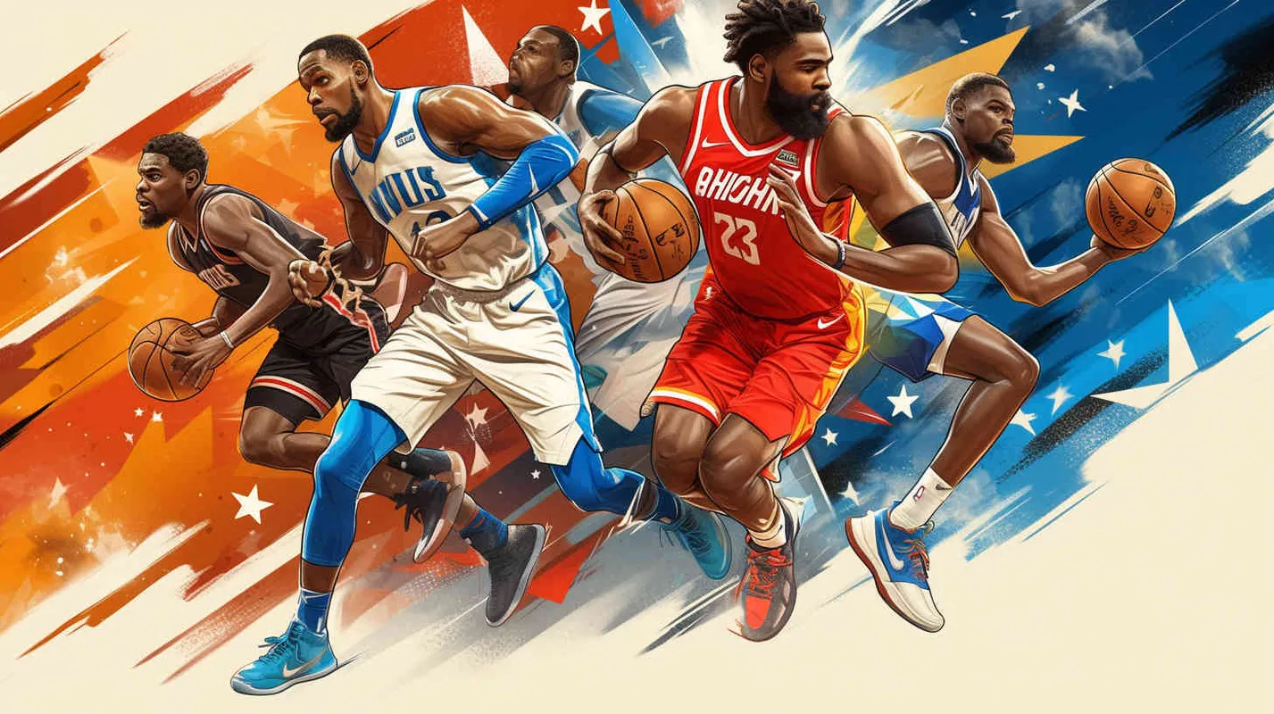 Make a poster in the style of American drawing line, depicting the confrontation between new and old players. The new players are Andrew Wiggins, Anthony Edwards , Amen Thompson, and LukaDoncic. The old players are LeBron James, and Kevin Durant, who try to dribble or grab the ball all over their bodies, using a landscape composition.  - style1部分