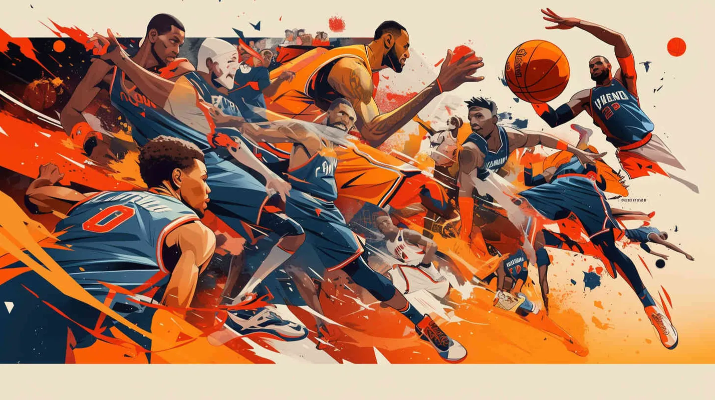 Make a poster in the style of American drawing line, depicting the confrontation between new and old players. The new players are Andrew Wiggins, Anthony Edwards , Amen Thompson, and LukaDoncic. The old players are LeBron James, and Kevin Durant, who try to dribble or grab the ball all over their bodies, using a landscape composition.  - style2部分