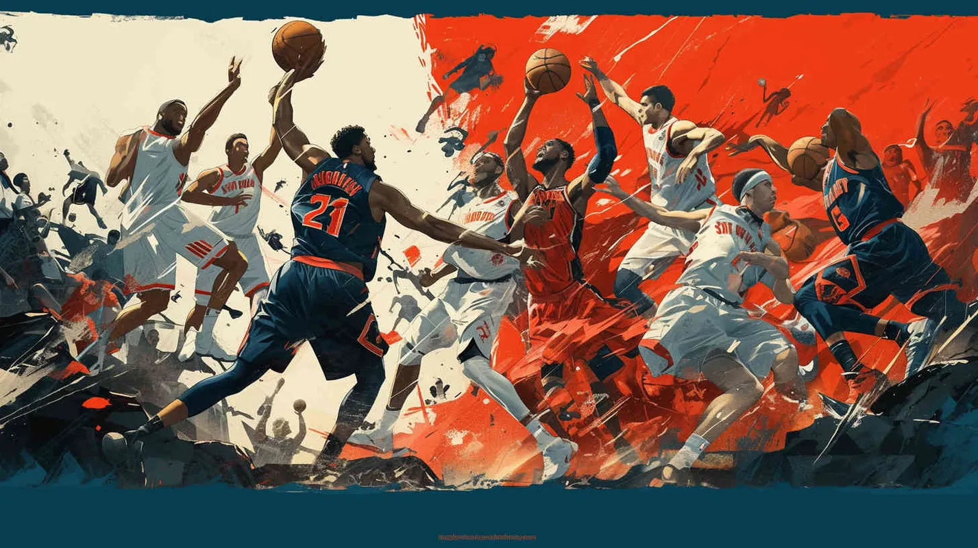 Make a poster in the style of American drawing line, depicting the confrontation between new and old players. The new players are Andrew Wiggins, Anthony Edwards , Amen Thompson, and LukaDoncic. The old players are LeBron James, and Kevin Durant, who try to dribble or grab the ball all over their bodies, using a landscape composition.  - style3部分