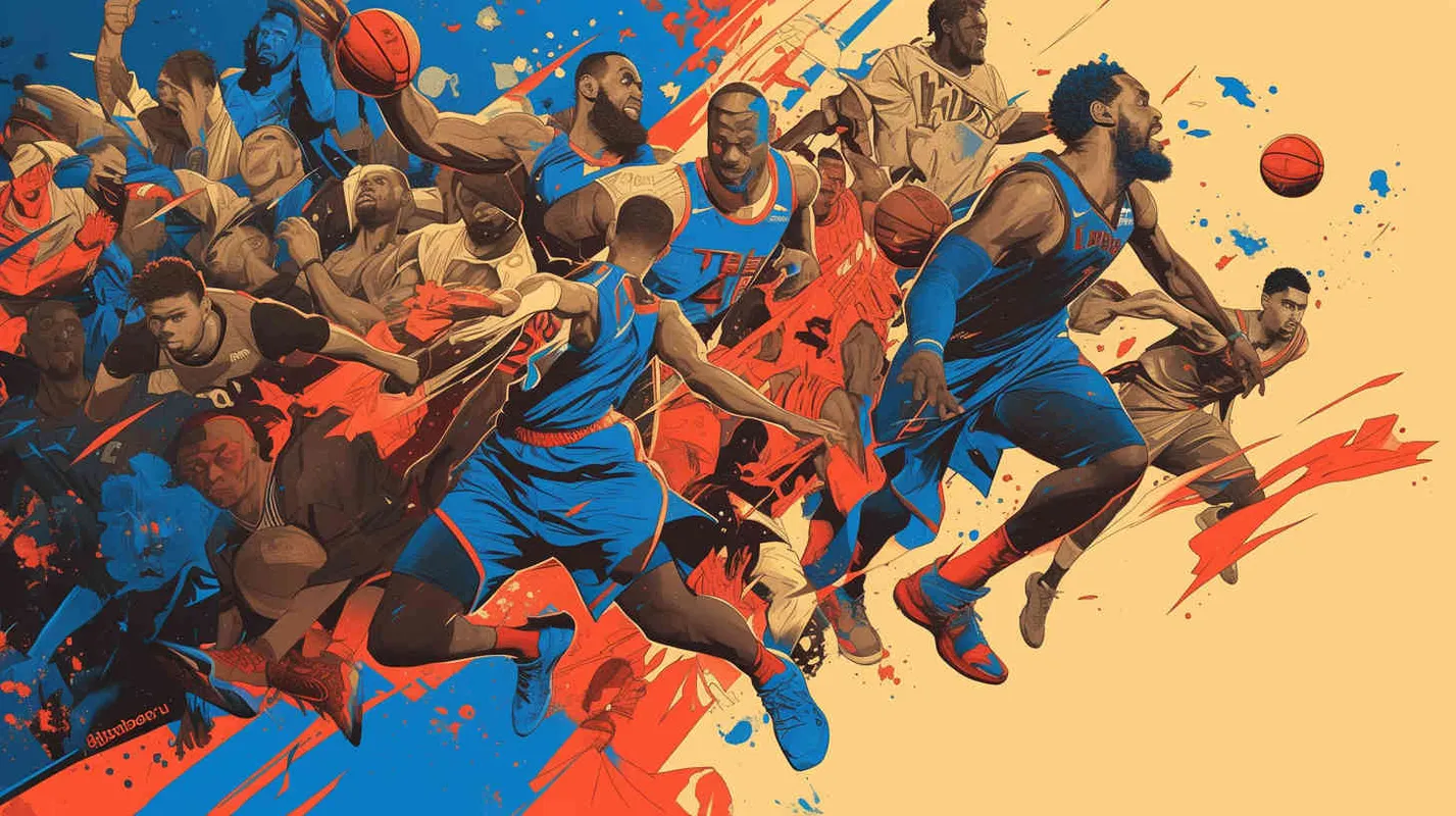 Make a poster in the style of American drawing line, depicting the confrontation between new and old players. The new players are Andrew Wiggins, Anthony Edwards , Amen Thompson, and LukaDoncic. The old players are LeBron James, and Kevin Durant, who try to dribble or grab the ball all over their bodies, using a landscape composition.  - style4部分