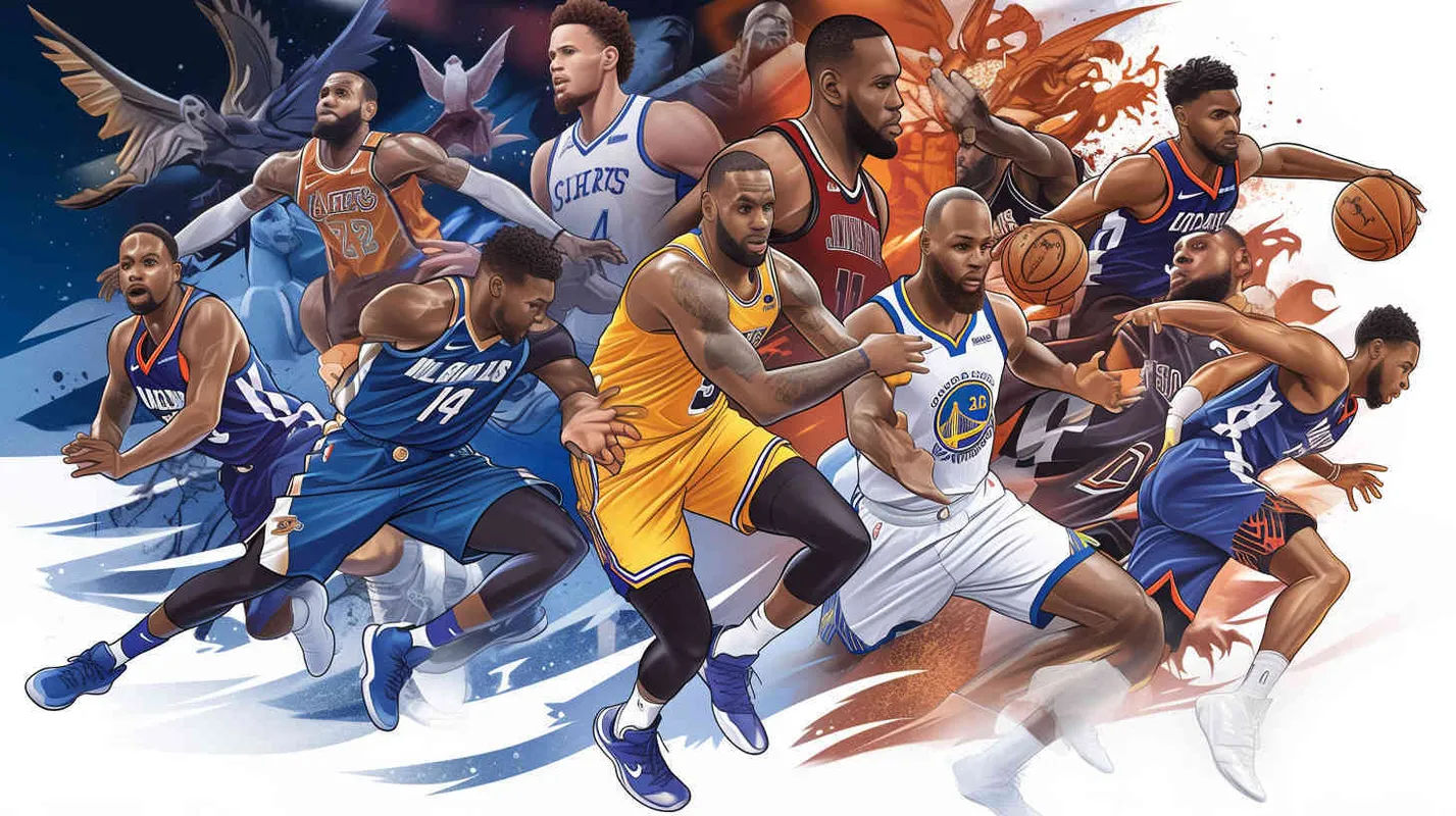 Create impactful NBA advertising posters highlighting the transition from seasoned veterans to rising stars. The fresh faces include Andrew Wiggins, Anthony Edwards, Amen Thompson, Cam Whitmore, Victor Wembanyama, and Luka Doncic. The established stars LeBron James, Stephen Curry, and Kevin Durant showcase their skills in a dynamic display of dribbling and ball handling, portrayed in a visually stunning American comic book style. The posters feature intricate details, a monochromatic color scheme, and are presented in high-definition 8K resolution. - style1部分