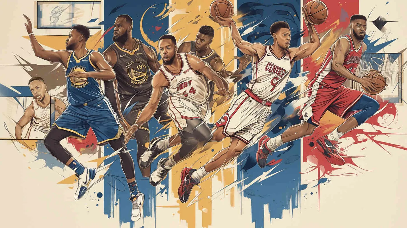 Create impactful NBA advertising posters highlighting the transition from seasoned veterans to rising stars. The fresh faces include Andrew Wiggins, Anthony Edwards, Amen Thompson, Cam Whitmore, Victor Wembanyama, and Luka Doncic. The established stars LeBron James, Stephen Curry, and Kevin Durant showcase their skills in a dynamic display of dribbling and ball handling, portrayed in a visually stunning American comic book style. The posters feature intricate details, a monochromatic color scheme, and are presented in high-definition 8K resolution. - style2部分
