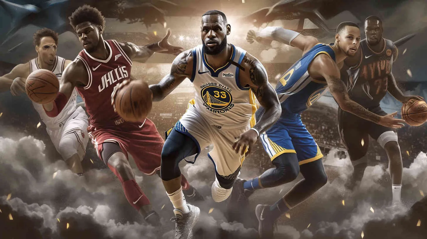 Create impactful NBA advertising posters highlighting the transition from seasoned veterans to rising stars. The fresh faces include Andrew Wiggins, Anthony Edwards, Amen Thompson, Cam Whitmore, Victor Wembanyama, and Luka Doncic. The established stars LeBron James, Stephen Curry, and Kevin Durant showcase their skills in a dynamic display of dribbling and ball handling, portrayed in a visually stunning American comic book style. The posters feature intricate details, a monochromatic color scheme, and are presented in high-definition 8K resolution. - style3部分