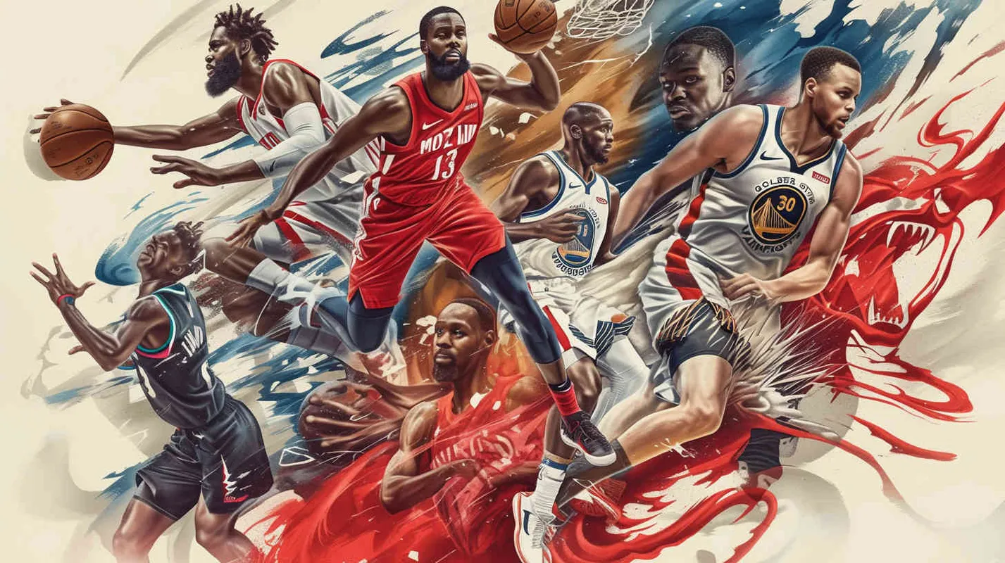 Create impactful NBA advertising posters highlighting the transition from seasoned veterans to rising stars. The fresh faces include Andrew Wiggins, Anthony Edwards, Amen Thompson, Cam Whitmore, Victor Wembanyama, and Luka Doncic. The established stars LeBron James, Stephen Curry, and Kevin Durant showcase their skills in a dynamic display of dribbling and ball handling, portrayed in a visually stunning American comic book style. The posters feature intricate details, a monochromatic color scheme, and are presented in high-definition 8K resolution. - style4部分