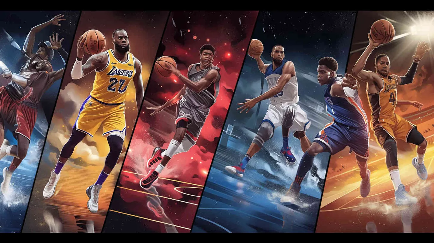 Create impactful NBA advertising posters highlighting the transition from seasoned veterans to rising stars. The fresh faces include Andrew Wiggins, Anthony Edwards, Amen Thompson, Cam Whitmore, Victor Wembanyama, and Luka Doncic. The established stars LeBron James, Stephen Curry, and Kevin Durant showcase their skills in a dynamic display of dribbling and ball handling, portrayed in a visually stunning American comic book style. The posters feature intricate details, a monochromatic color scheme, and are presented in high-definition 8K resolution. – AI绘画作品展示 | Midjourney中文版生成