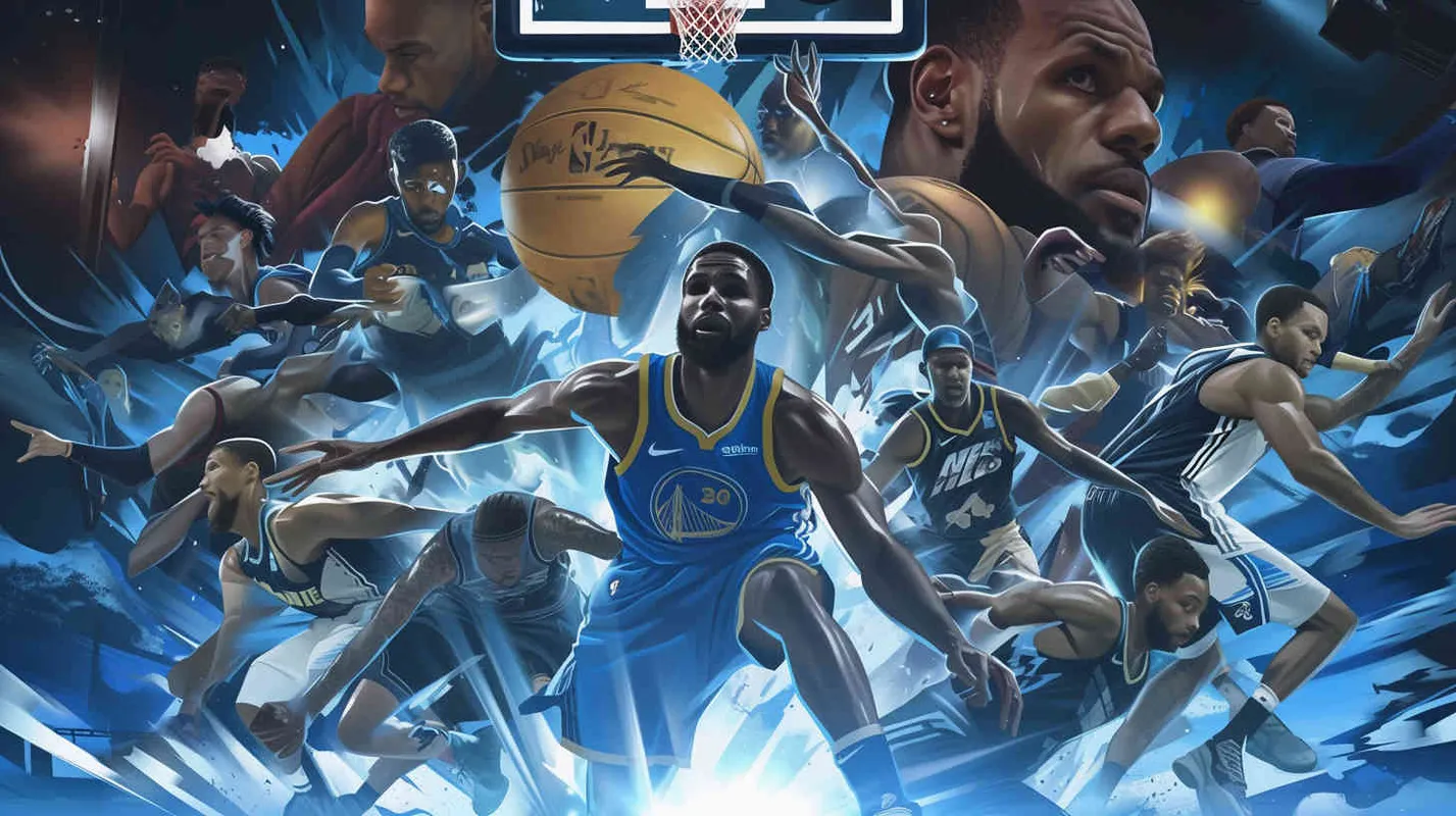 Create impactful NBA advertising posters highlighting the transition from seasoned veterans to rising stars. The fresh faces include Andrew Wiggins, Anthony Edwards, Amen Thompson, Cam Whitmore, Victor Wembanyama, and Luka Doncic. The established stars LeBron James, Stephen Curry, and Kevin Durant showcase their skills in a dynamic display of dribbling and ball handling, portrayed in a visually stunning American comic book style. The posters feature intricate details, a monochromatic color scheme, and are presented in high-definition 8K resolution. - style2部分