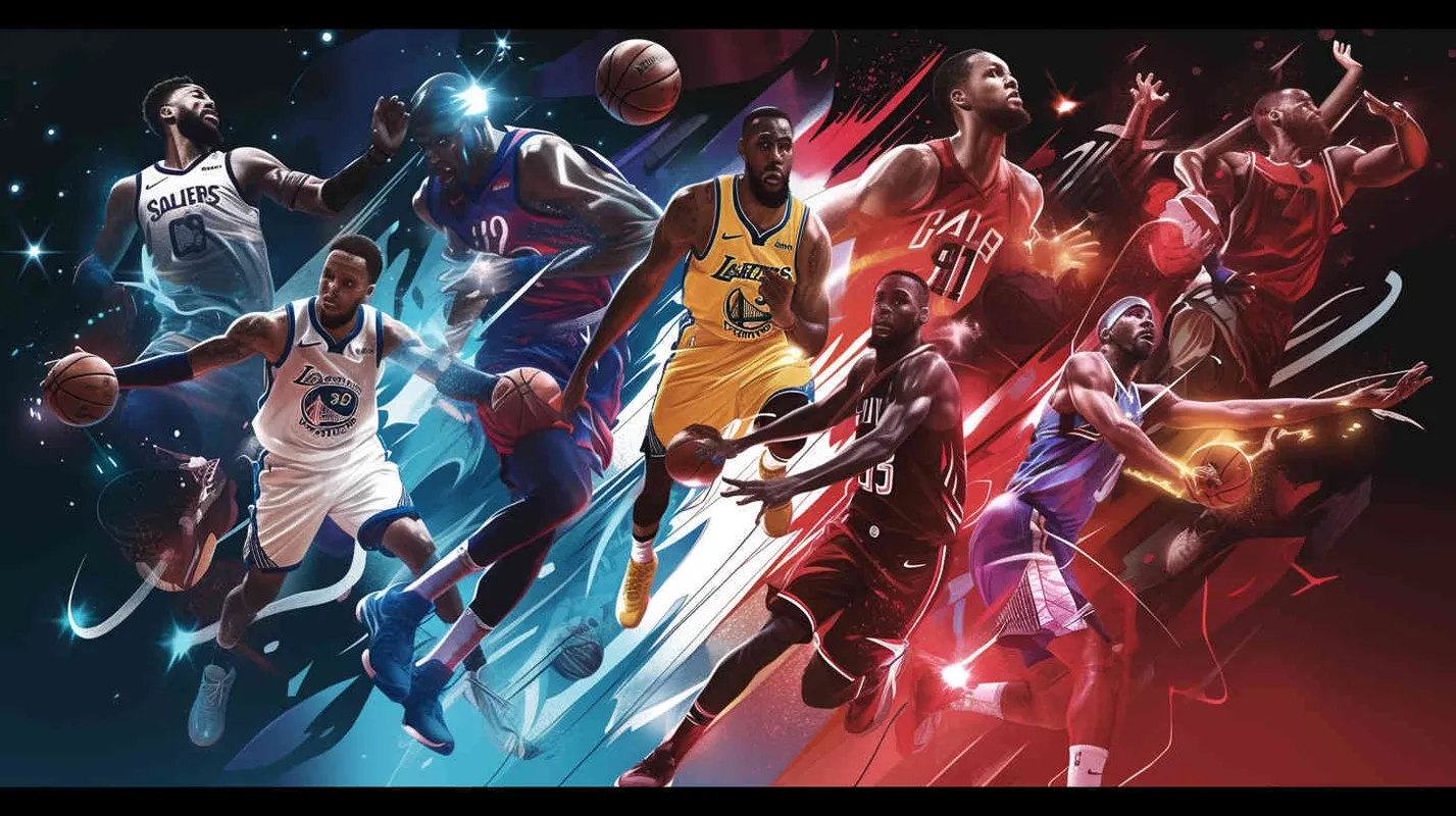 Create impactful NBA advertising posters highlighting the transition from seasoned veterans to rising stars. The fresh faces include Andrew Wiggins, Anthony Edwards, Amen Thompson, Cam Whitmore, Victor Wembanyama, and Luka Doncic. The established stars LeBron James, Stephen Curry, and Kevin Durant showcase their skills in a dynamic display of dribbling and ball handling, portrayed in a visually stunning American comic book style. The posters feature intricate details, a monochromatic color scheme, and are presented in high-definition 8K resolution. - style3部分