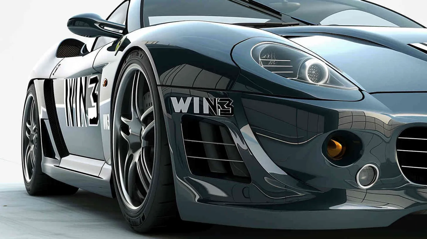 一辆品牌为“WIN3”的跑车，车头视角，车标是“WIN3”的特写镜头，车标很有质感和设计感，整体融合的非常好，车身也有“WIN3”很酷的广告贴，整体有速度的压迫感 - style2部分