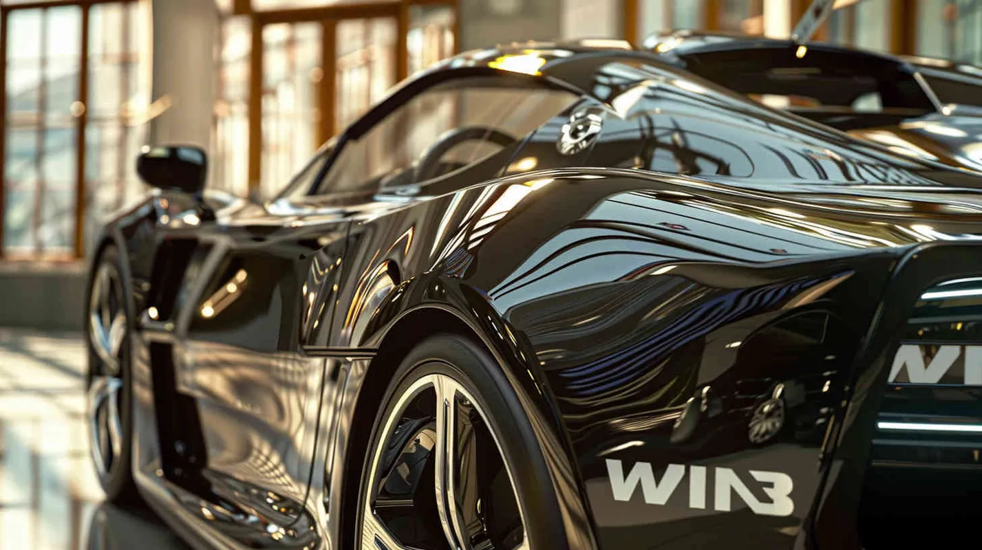 一辆品牌为“WIN3”的跑车，车头视角，车标是“WIN3”的特写镜头，车标很有质感和设计感，整体融合的非常好，车身也有“WIN3”很酷的广告贴，整体有速度的压迫感 - style2部分