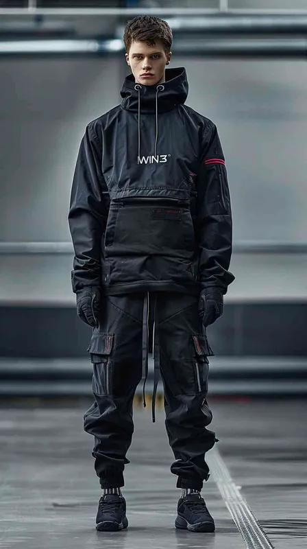 设计潮牌的帽衫，品牌“WIN3”的字样设计感非常强，材质很有质感，在胸前部分，衣服有未来的科技感，衣服悬空在纯色背景空间 - style3部分