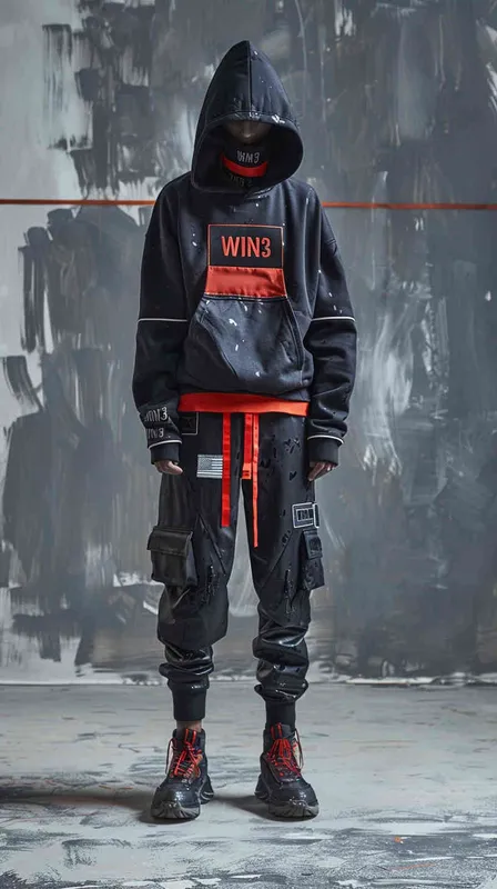 设计潮牌的帽衫，品牌“WIN3”的字样设计感非常强，材质很有质感，在胸前部分，衣服有未来的科技感，衣服悬空在纯色背景空间 - style1部分