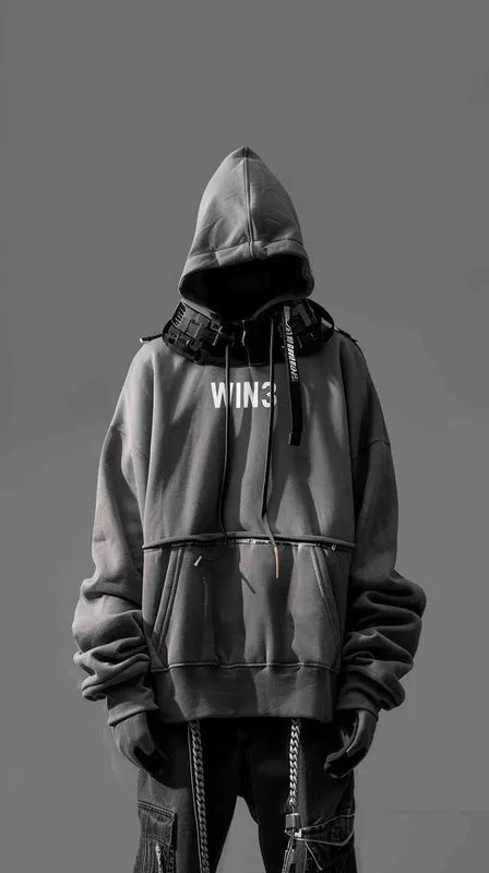 设计潮牌的帽衫，品牌“WIN3”的字样设计感非常强，材质很有质感，在胸前部分，衣服有未来的科技感，衣服悬空在纯色背景空间 - style2部分