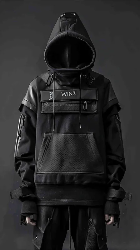 设计潮牌的帽衫，品牌“WIN3”的字样设计感非常强，材质很有质感，在胸前部分，衣服有未来的科技感，衣服悬空在纯色背景空间 - style3部分