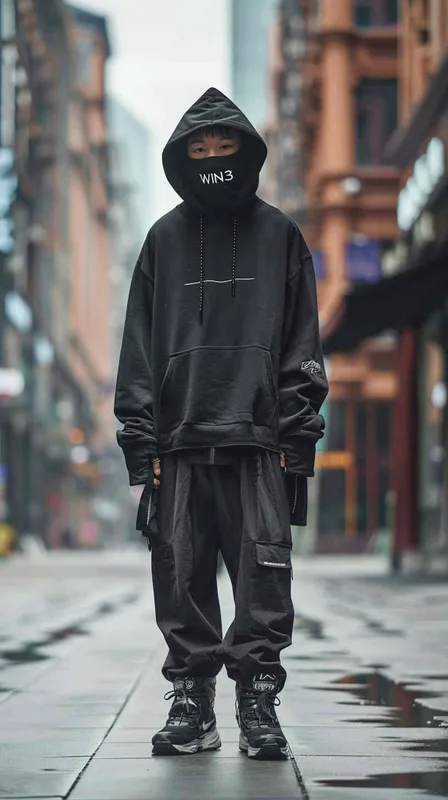 设计潮牌的帽衫，品牌“WIN3”的字样设计感非常强，材质很有质感，在胸前部分，衣服有未来的科技感，衣服悬空在纯色背景空间 - style4部分