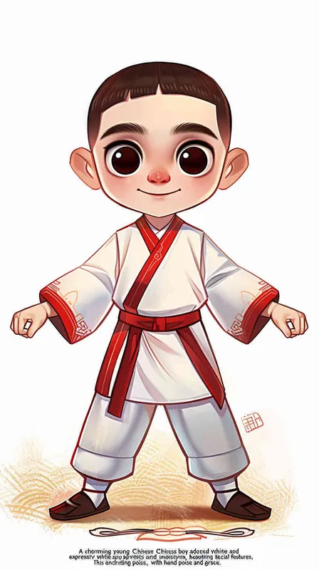 1️⃣ A cute Chinese boy in white and red martial arts , with big eyes and simple facial features, hands hanging naturally by his sides, standing upright on the ground. This is a full body portrait in a flat cartoon style with a high quality color scheme and clean background. The 2D effect has a high definition resolution. The character design is in the style of Infu Art Station with high detail.  - style1部分