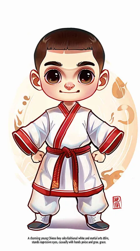 1️⃣ A cute Chinese boy in white and red martial arts , with big eyes and simple facial features, hands hanging naturally by his sides, standing upright on the ground. This is a full body portrait in a flat cartoon style with a high quality color scheme and clean background. The 2D effect has a high definition resolution. The character design is in the style of Infu Art Station with high detail.  - style2部分