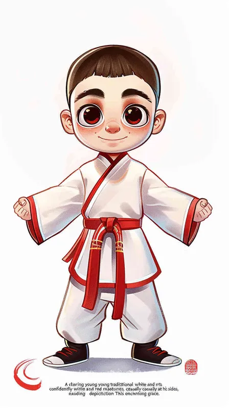 1️⃣ A cute Chinese boy in white and red martial arts , with big eyes and simple facial features, hands hanging naturally by his sides, standing upright on the ground. This is a full body portrait in a flat cartoon style with a high quality color scheme and clean background. The 2D effect has a high definition resolution. The character design is in the style of Infu Art Station with high detail.  - style3部分