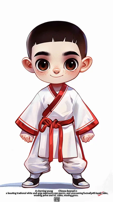 1️⃣ A cute Chinese boy in white and red martial arts , with big eyes and simple facial features, hands hanging naturally by his sides, standing upright on the ground. This is a full body portrait in a flat cartoon style with a high quality color scheme and clean background. The 2D effect has a high definition resolution. The character design is in the style of Infu Art Station with high detail.  - style4部分