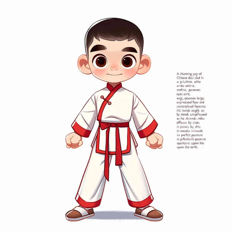 1️⃣ A cute Chinese boy in white and red martial arts , with big eyes and simple facial features, hands hanging naturally by his sides, standing upright on the ground. This is a full body portrait in a flat cartoon style with a high quality color scheme and clean background. The 2D effect has a high definition resolution. The character design is in the style of Infu Art Station with high detail.  – AI绘画作品展示 | Midjourney中文版生成