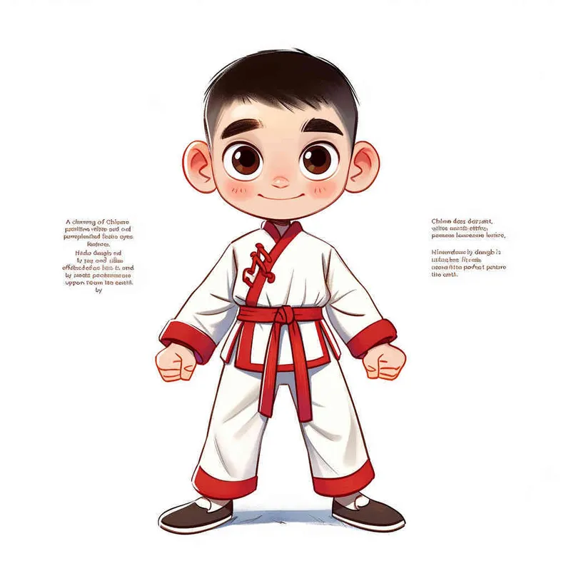 1️⃣ A cute Chinese boy in white and red martial arts , with big eyes and simple facial features, hands hanging naturally by his sides, standing upright on the ground. This is a full body portrait in a flat cartoon style with a high quality color scheme and clean background. The 2D effect has a high definition resolution. The character design is in the style of Infu Art Station with high detail.  - style2部分