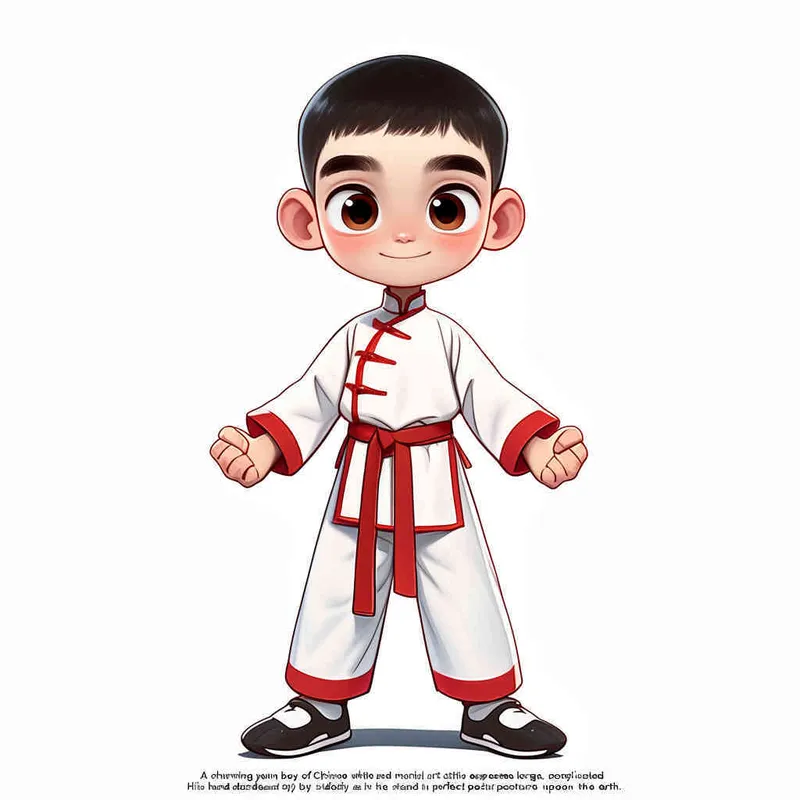 1️⃣ A cute Chinese boy in white and red martial arts , with big eyes and simple facial features, hands hanging naturally by his sides, standing upright on the ground. This is a full body portrait in a flat cartoon style with a high quality color scheme and clean background. The 2D effect has a high definition resolution. The character design is in the style of Infu Art Station with high detail.  - style3部分