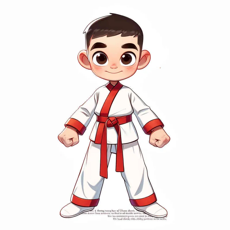 1️⃣ A cute Chinese boy in white and red martial arts , with big eyes and simple facial features, hands hanging naturally by his sides, standing upright on the ground. This is a full body portrait in a flat cartoon style with a high quality color scheme and clean background. The 2D effect has a high definition resolution. The character design is in the style of Infu Art Station with high detail.  - style4部分