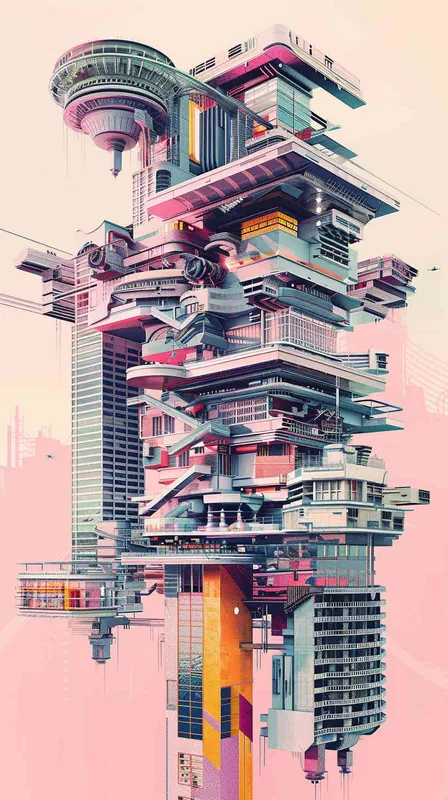三个时代的建筑分层平行进行重叠，三个时代的三个时代的建筑群中间各自有一个能量井。最上层是2077年，具有未来感的建筑，中间是2027年的现代建筑，最下层是1977年的复古建筑。 – AI绘画作品展示 | Midjourney中文版生成
