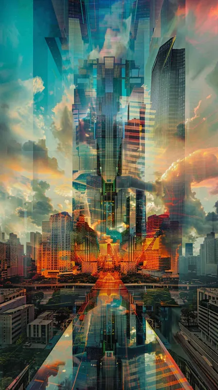 三个时代的建筑分层平行进行重叠，三个时代的三个时代的建筑群中间各自有一个能量井。最上层是2077年，具有未来感的建筑，中间是2027年的现代建筑，最下层是1977年的复古建筑。 - style3部分