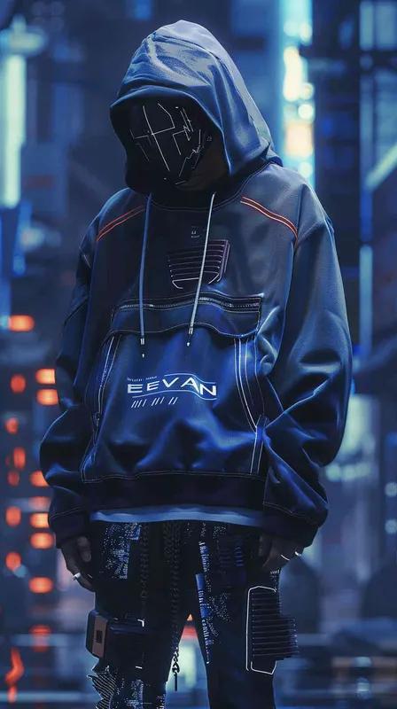 设计潮牌的帽衫，品牌“EVAN”的字样设计感非常强，材质很有质感，在胸前部分，衣服有未来的科技感，衣服悬空在纯色背景空间 - style1部分