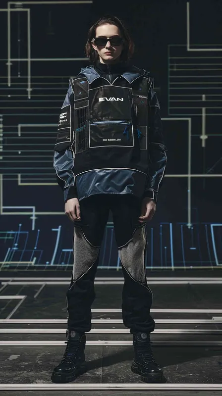设计潮牌的工装,品牌LOGO”EVAN”的字样设计感非常强,材质很有质感,logo在胸前部分超酷,模特带黑框眼镜,衣服有未来的科技感,背景赛博朋克风格 – AI绘画作品展示 | Midjourney中文版生成