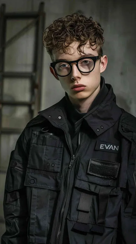设计潮牌的工装，品牌LOGO"EVAN"的字样设计感非常强，材质很有质感，logo在胸前部分超酷，模特带黑框眼镜，衣服有未来的科技感，背景赛博朋克风格 - AI绘画作品展示 | Midjourney中文版生成