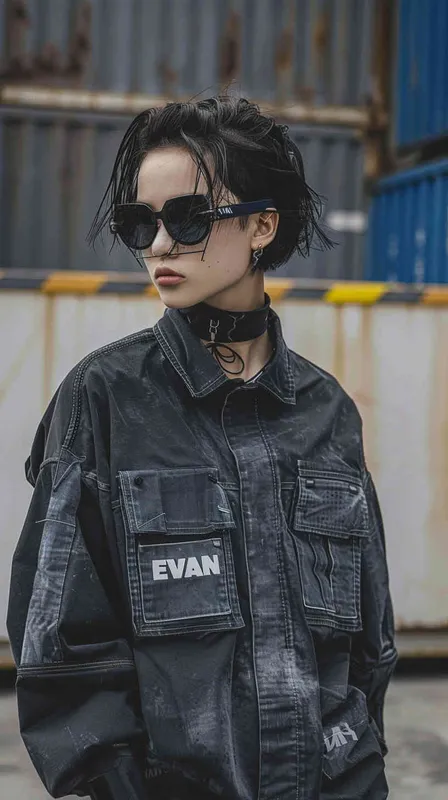 设计潮牌的工装，品牌LOGO"EVAN"的字样设计感非常强，材质很有质感，logo在胸前部分超酷，模特带黑框眼镜，衣服有未来的科技感，背景赛博朋克风格 - AI绘画作品展示 | Midjourney中文版生成