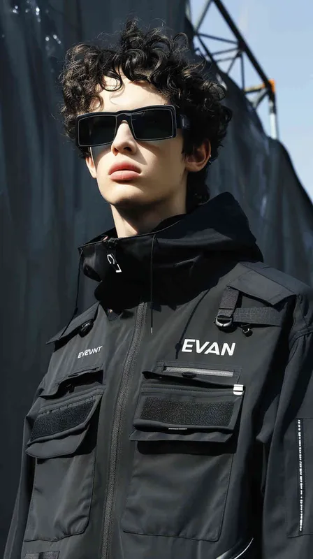 设计潮牌的工装，品牌LOGO"EVAN"的字样设计感非常强，材质很有质感，logo在胸前部分超酷，模特带黑框眼镜，衣服有未来的科技感，背景赛博朋克风格 - AI绘画作品展示 | Midjourney中文版生成