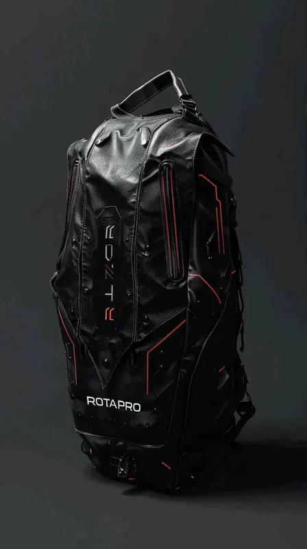 设计潮牌的机械包，品牌LOGO"ROTAPRO"的字样设计感非常强，材质很有质感，超酷，有未来的科技感，背景赛博朋克风格  - AI绘画作品展示 | Midjourney中文版生成